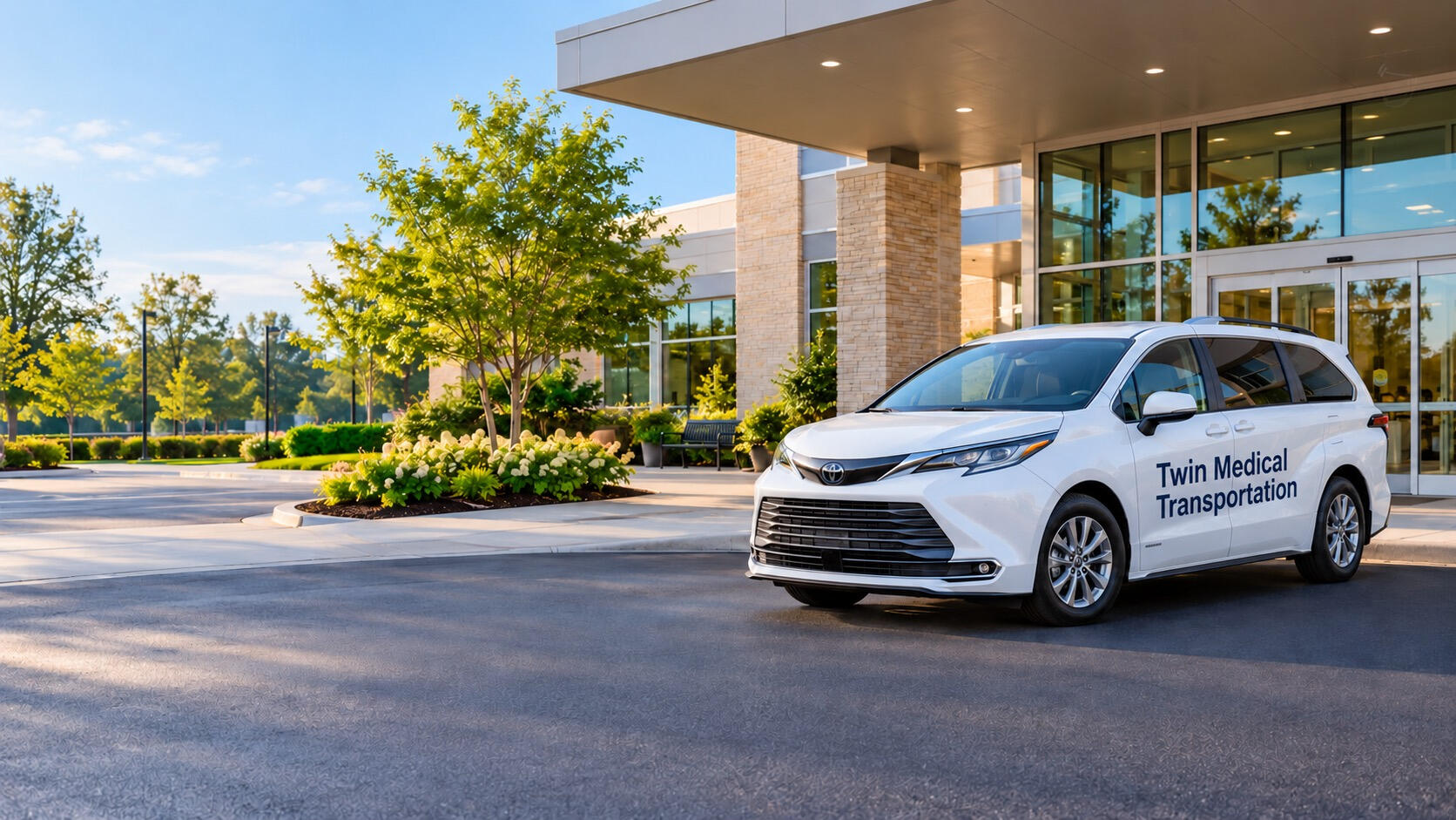 White ambulatory transport minivan with Twin Medical Transportation branding outside a medical building.